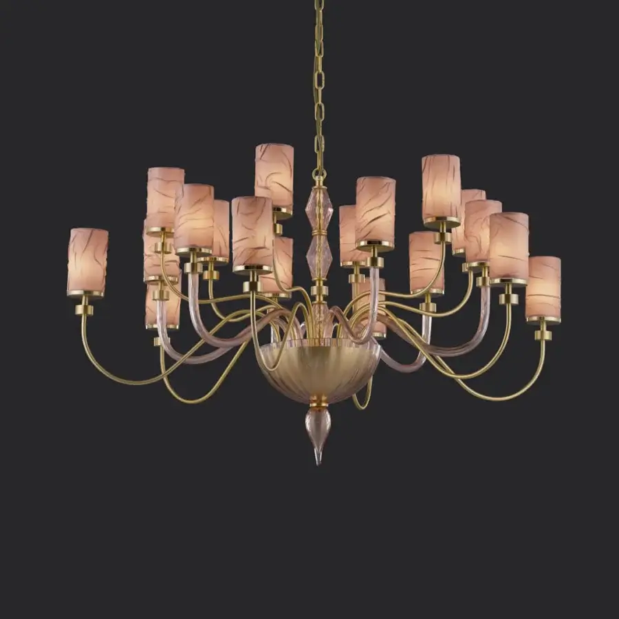 Exquisite Euroluce Dely chandelier crafted in metal with antique pink wrinkled satin lampshades and subtle gold-toned finish