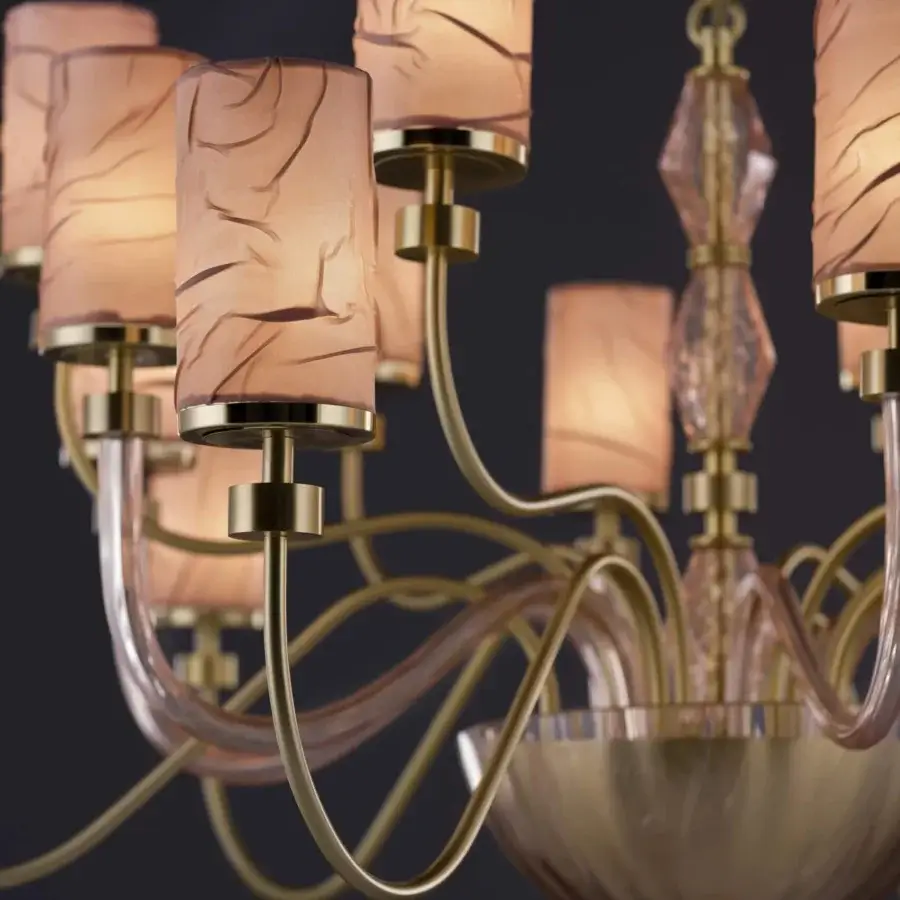 Luxury Euroluce Dely chandelier crafted in metal with cylindrical lampshades and warm gold finish
