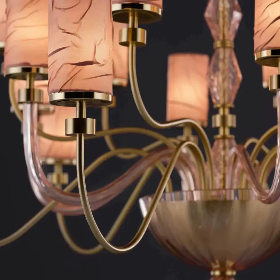 Superior Euroluce Dely chandelier crafted in brass with antique pink wrinkled satin lampshades and sculpted glass arms