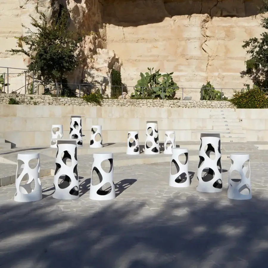Superior MY YOUR Liberty stool in white synthetic material with organically shaped cut-outs and smooth matte finish