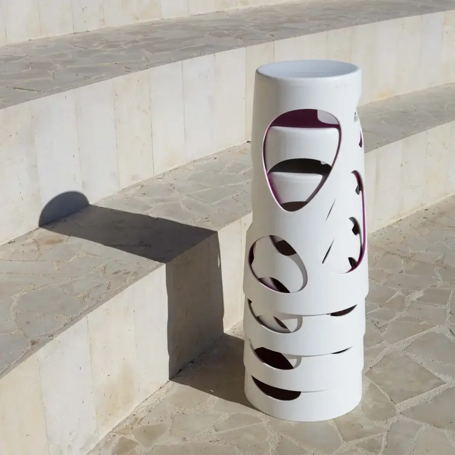 Distinguished MY YOUR Liberty stool in white synthetic material with magenta interior revealed through oval cutouts crafted in Italy