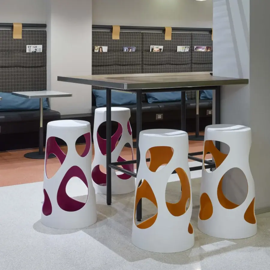 Distinguished MY YOUR Liberty stool crafted in Italy with white synthetic material and irregular magenta cutouts with matte finish