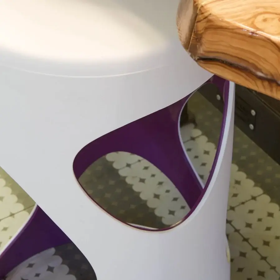Exceptional MY YOUR Liberty stool crafted in Italy with white synthetic material and purple accents, plus a natural wood seat with glossy finish