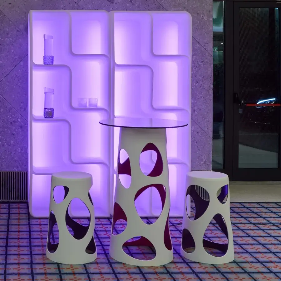 Superior MY YOUR Liberty stool with white matte finish and organically shaped purple violet cutouts in durable synthetic material crafted in Italy