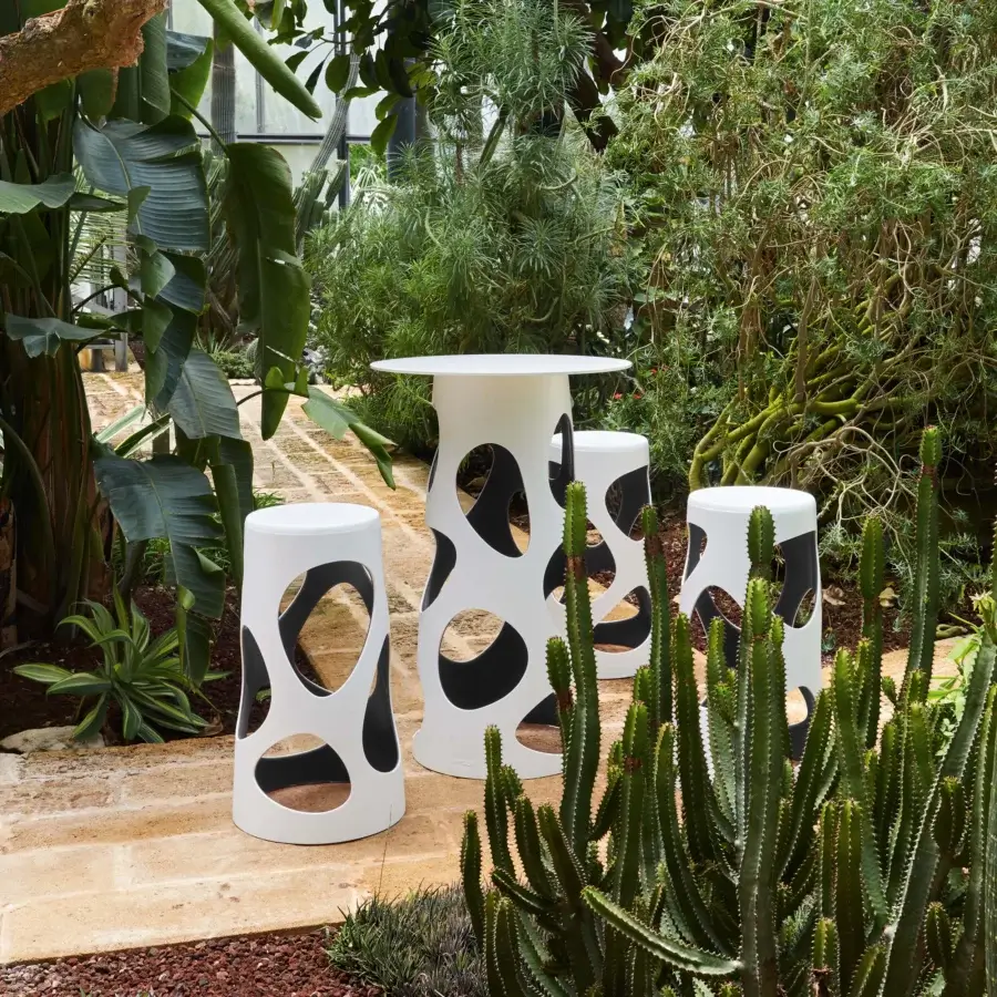 Exceptional MY YOUR Liberty stool crafted in white synthetic material with asymmetrical black cutouts and a matte finish