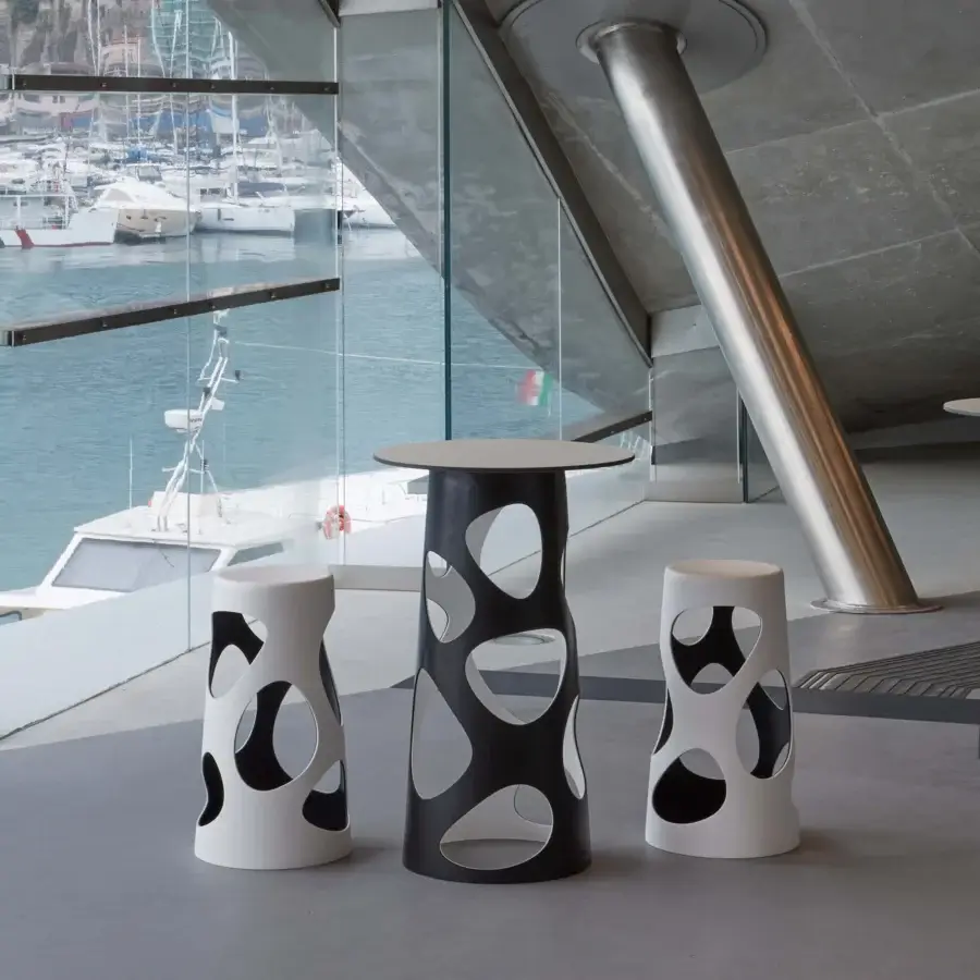 Superior MY YOUR Liberty stool crafted in black and white synthetic material with organically shaped cutouts and glossy finish