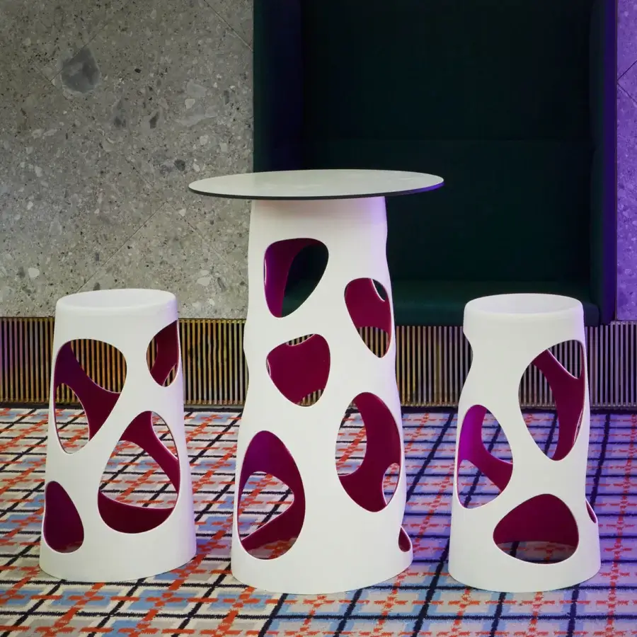 Distinguished MY YOUR Liberty bistrot table crafted in white and magenta synthetic material with a smooth matte finish