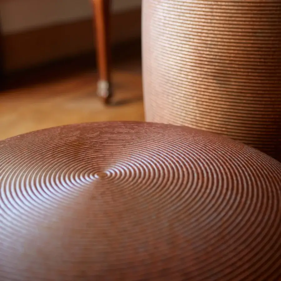 Exceptional MY YOUR Pandora stool crafted in solid wood with concentric ripple detailing and satin finish