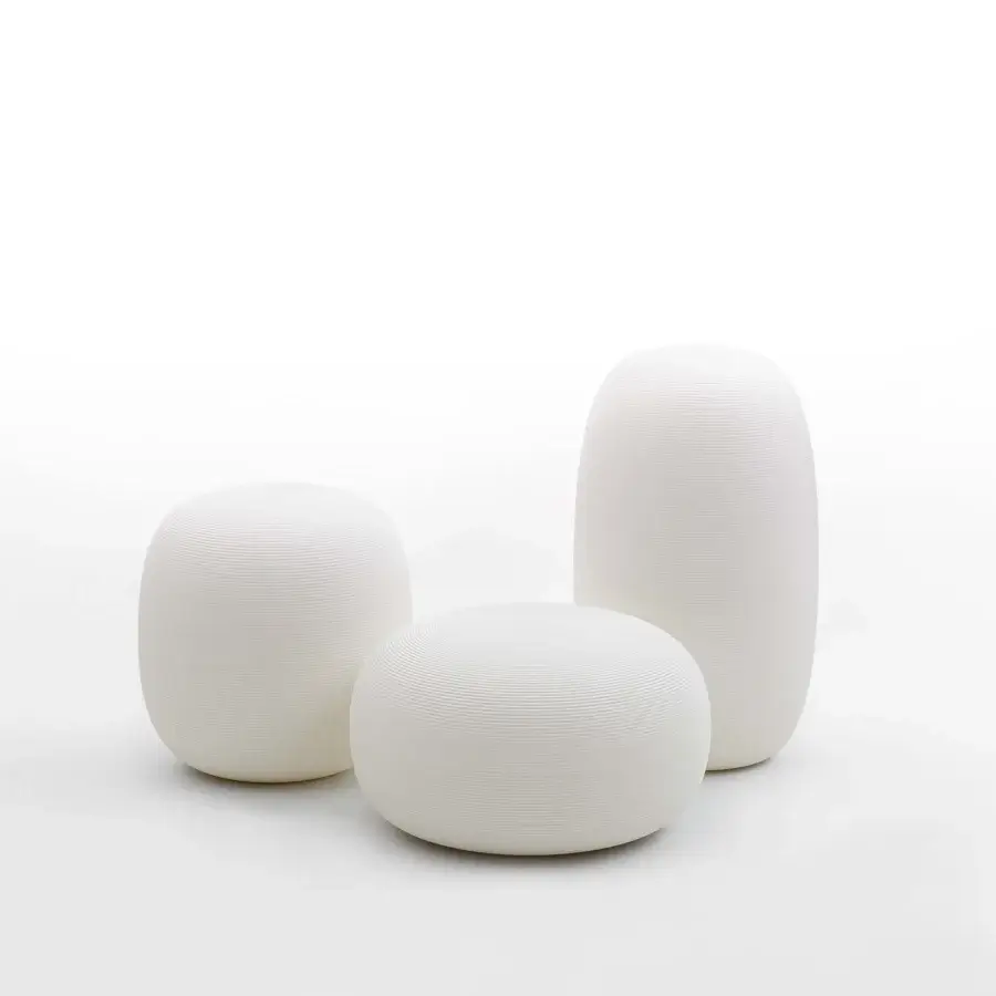 Elegant MY YOUR Pandora stool with softly rounded form crafted in textured synthetic material and matte off-white finish