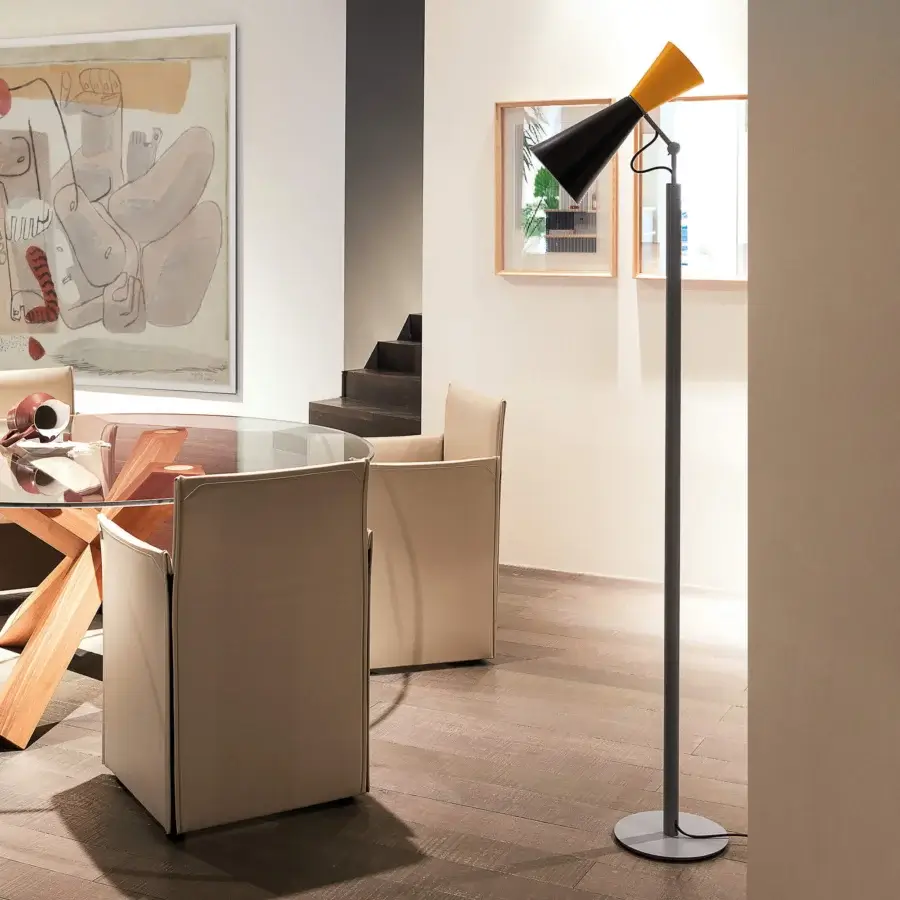 Exceptional Nemo Parliament floor lamp with steel and aluminum construction in matte gray and a two-tone yellow-black shade