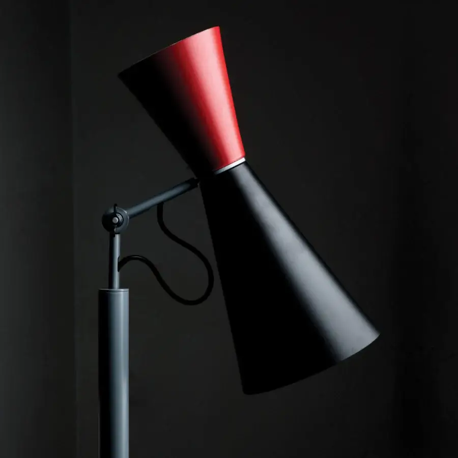 Exclusive Nemo Parliament floor lamp with geometric shade crafted in black and red steel and aluminum with matte finish