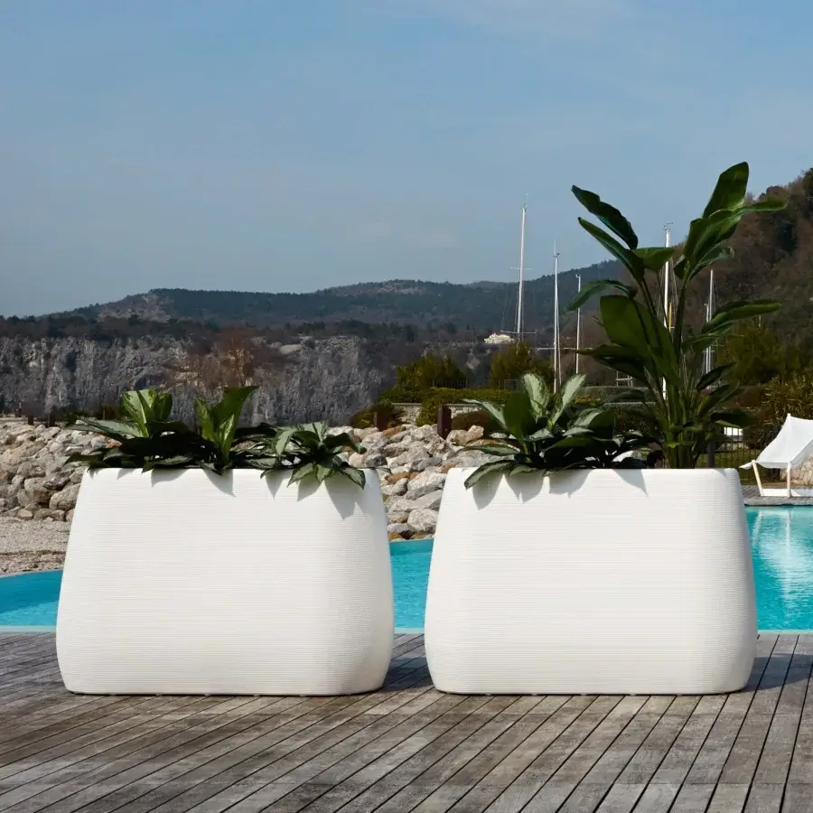Distinguished MY YOUR Pandora planter crafted in white Poleasy® with an embossed printed finish and sinuous form