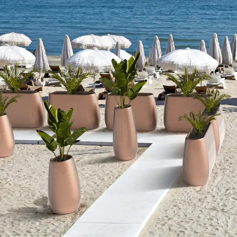 Captivating MY YOUR Pandora planter crafted in blush Poleasy® with embossed printed vertical ribbing