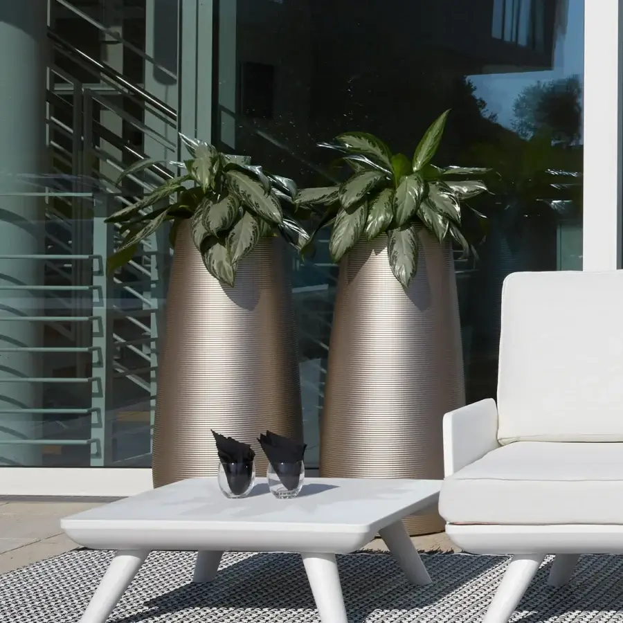 Distinguished MY YOUR Pandora planter crafted in beige Poleasy® with linear ribbed texture and subtle sheen