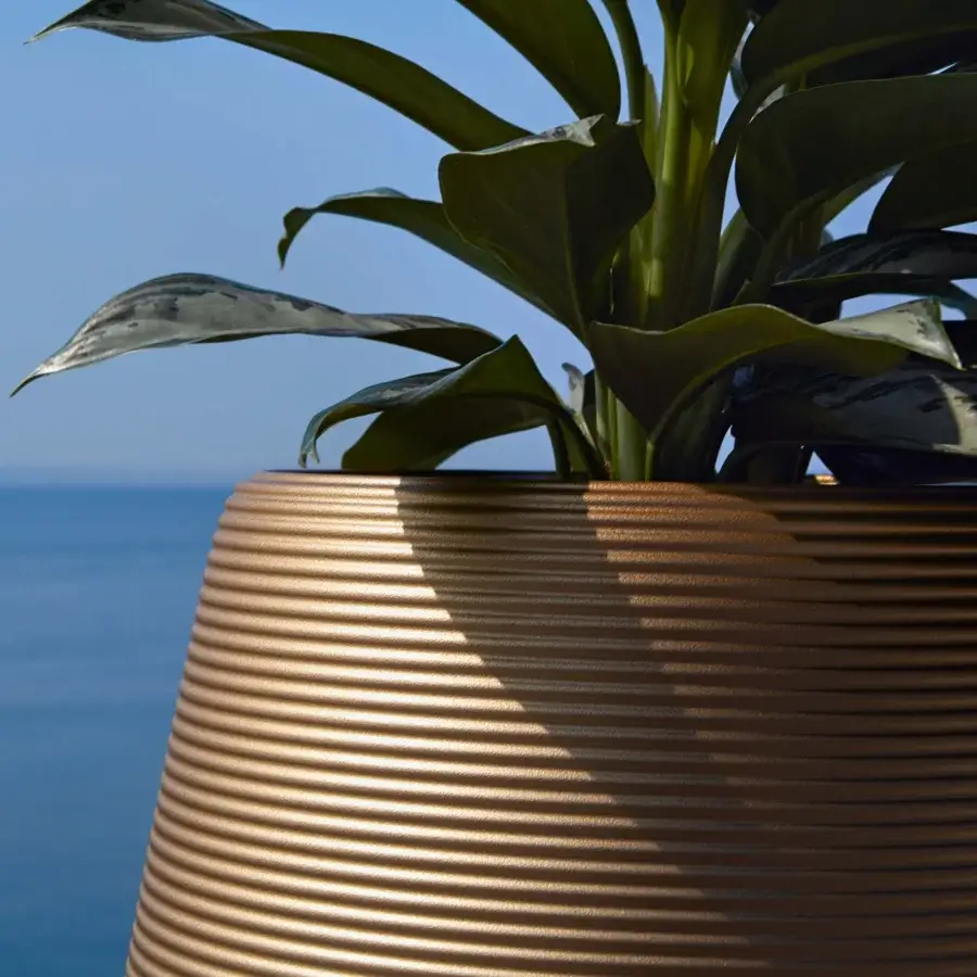 Superior MY YOUR Pandora planter crafted in golden-bronze Poleasy® with embossed printed finish and subtle horizontal ribbing