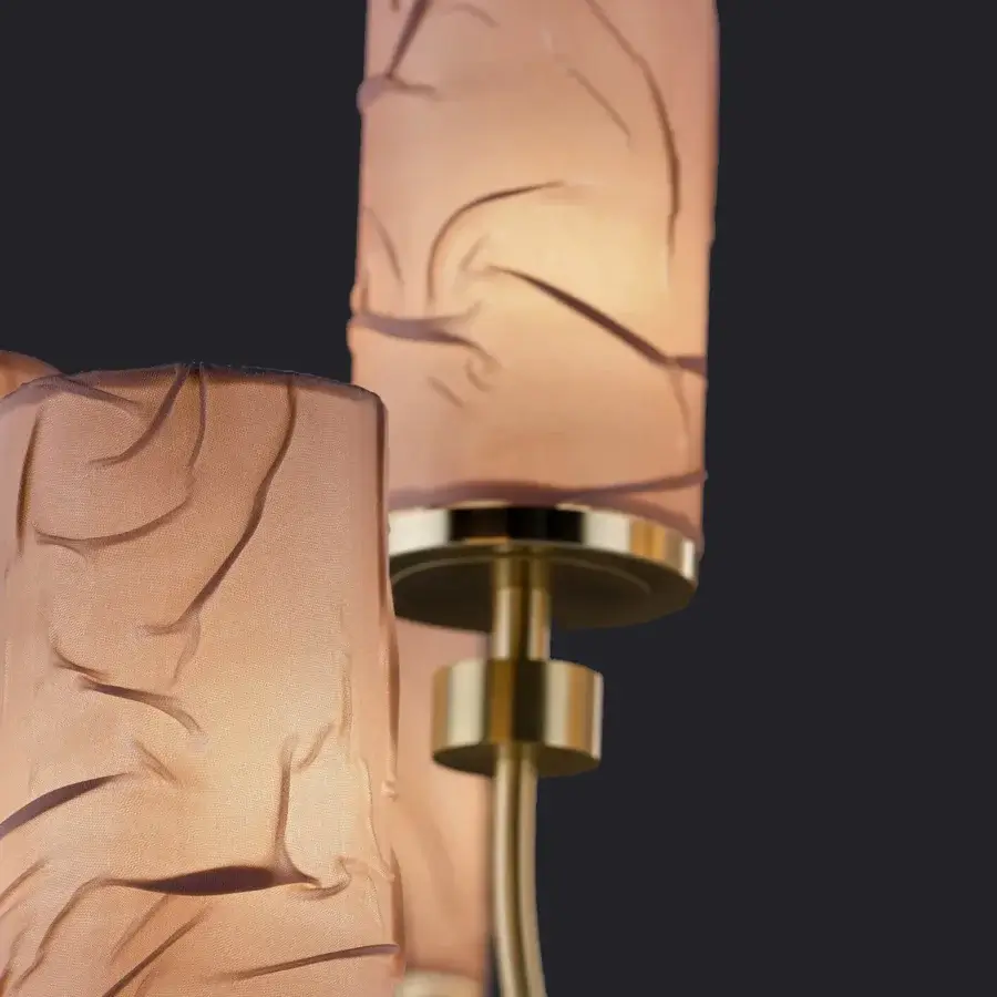 Superior Euroluce Dely wall lamp with handblown glass components and polished gold-tone metal built with peach cylindrical lampshades