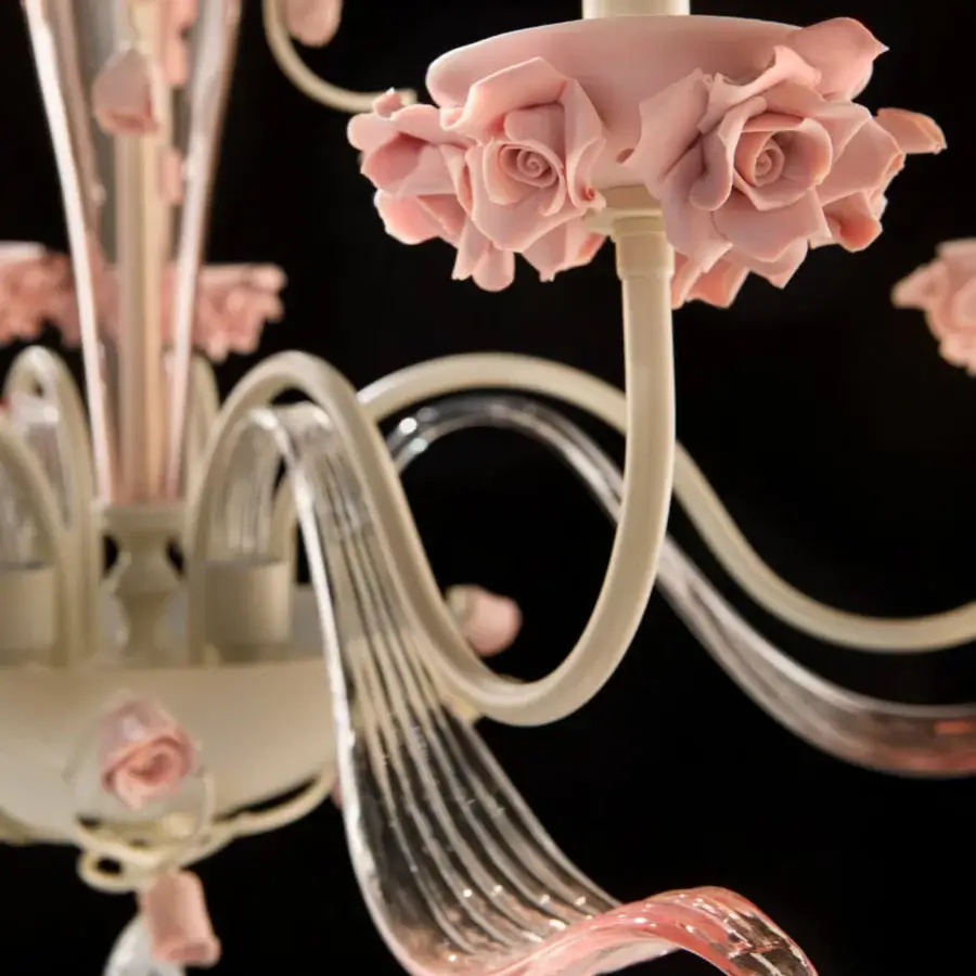 Distinguished Euroluce Bora Chandelier crafted in soft pink and off-white with hand-modeled Capodimonte porcelain and luminous Swarovski crystal