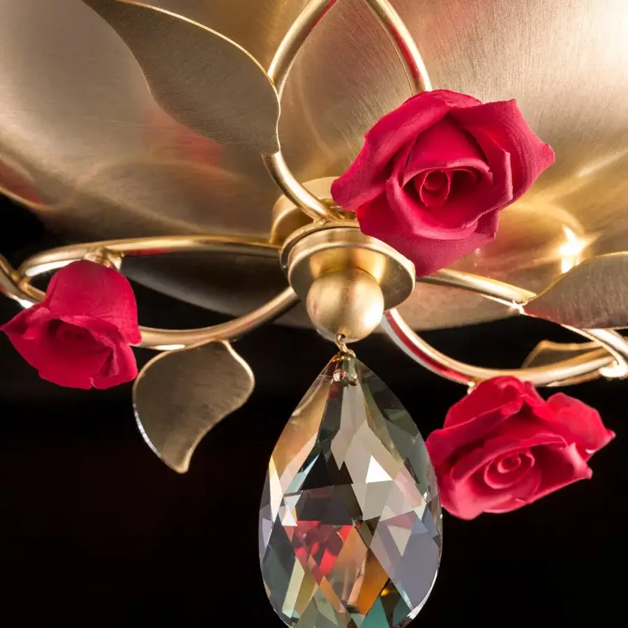 Superior Euroluce Bora Chandelier with satin gold finish, red Capodimonte porcelain roses and luminous handblown glass built with Swarovski pendant