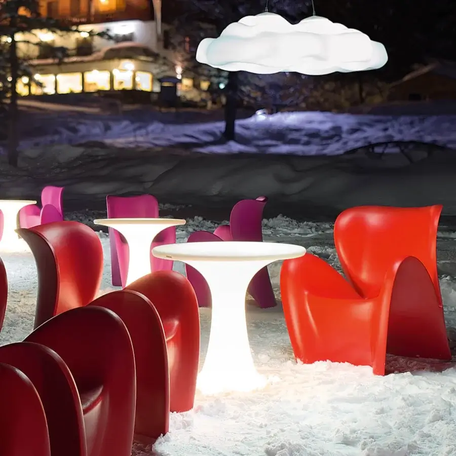 Captivating MY YOUR Teddy table crafted in Italy with glossy white synthetic material and organic rounded form with internal illumination