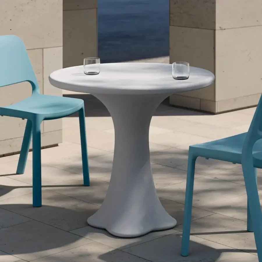 Elegant MY YOUR Teddy table crafted in Italy with pale gray synthetic material and matte finish