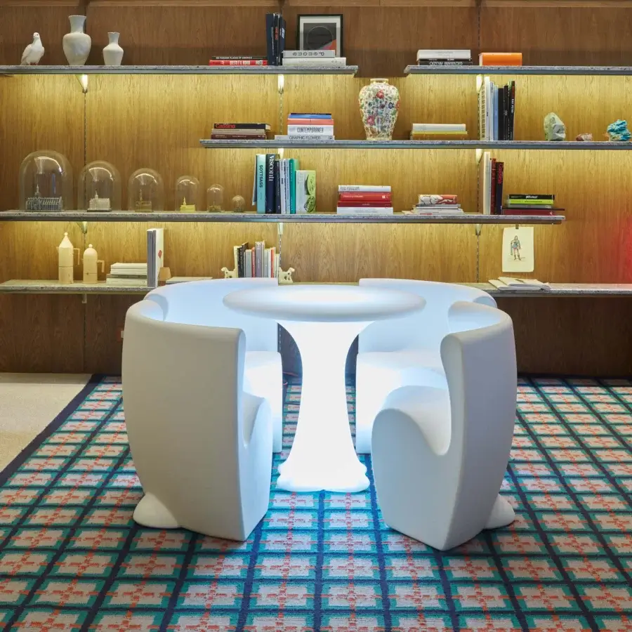 Exceptional MY YOUR Teddy table crafted in white synthetic material with organically rounded forms and glossy finish