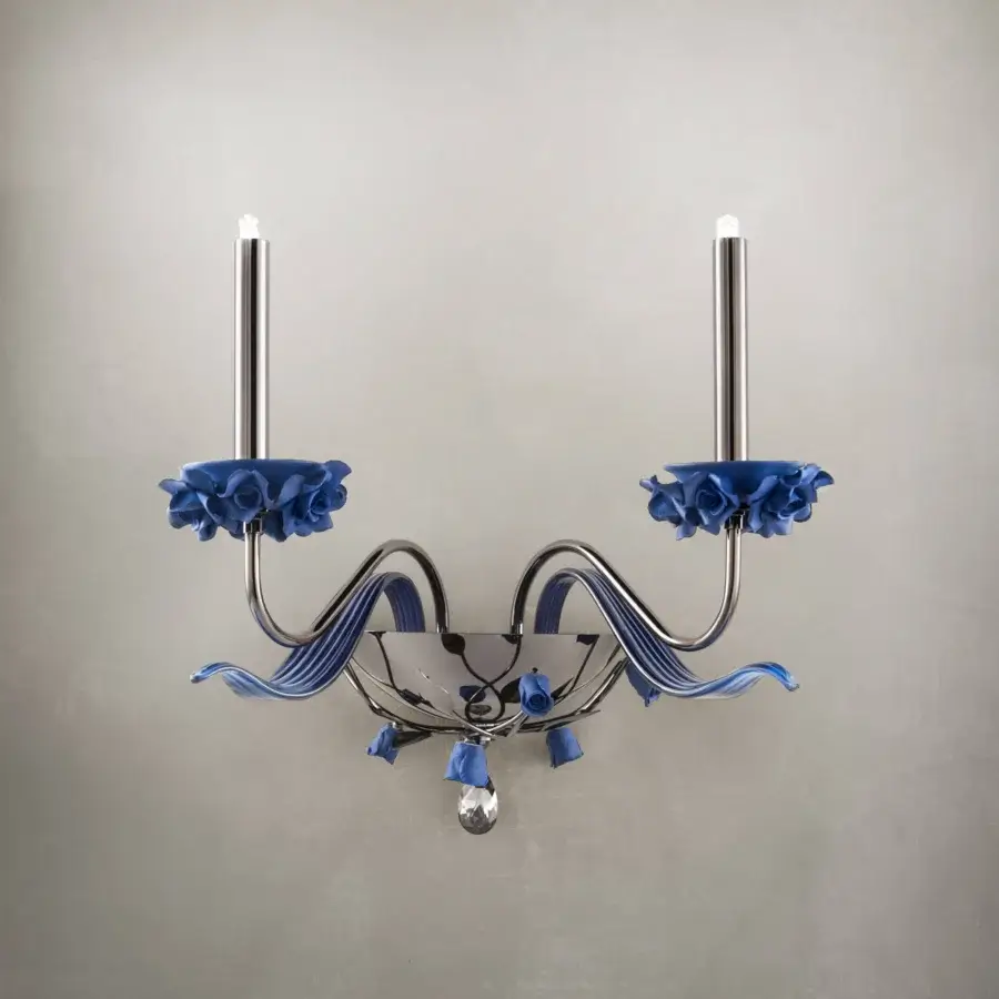 Distinguished Euroluce Bora Wall Lamp sconce with blue Capodimonte porcelain floral details and polished silver metal finish