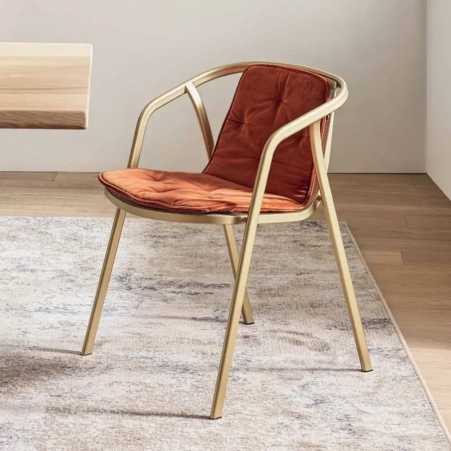 Superior Bontempi Ines chair with golden-toned metal and reddish-brown textile, crafted in Italy with looping arms and quilted seat detail
