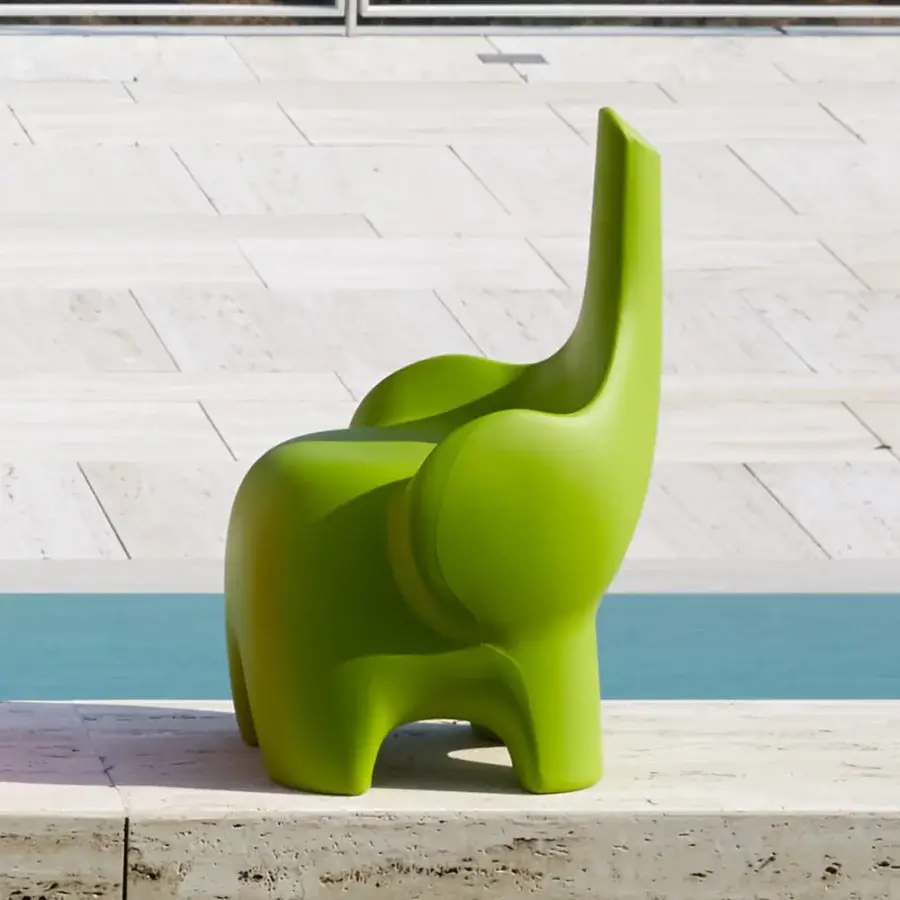 Exclusive MY YOUR Tino chair sculpted like an elephant with glossy green Poleasy® material for indoor-outdoor use