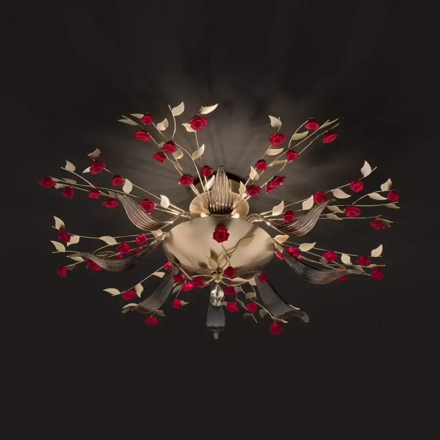 Superior Euroluce Bora PL8 ceiling lamp with handblown Tuscan glass and satin gold metallic elements adorned with floral branch details