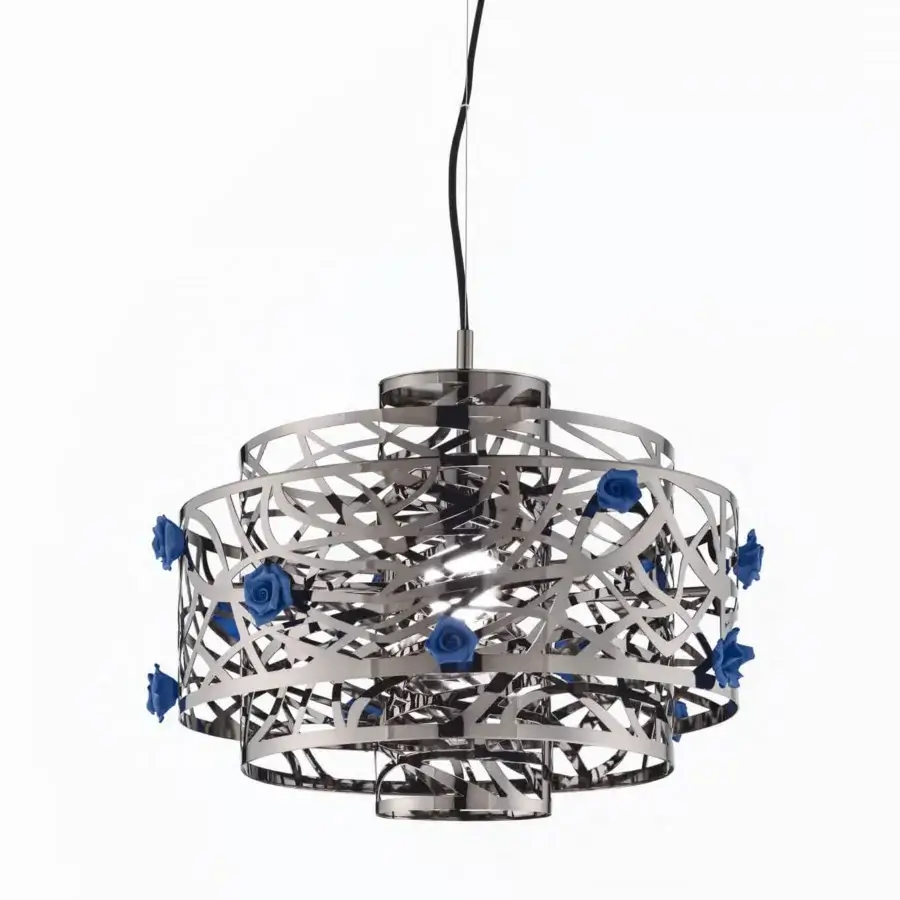 Exceptional Euroluce Bora S1 suspension lamp with tiered cylindrical form and polished silver with blue Capodimonte porcelain roses