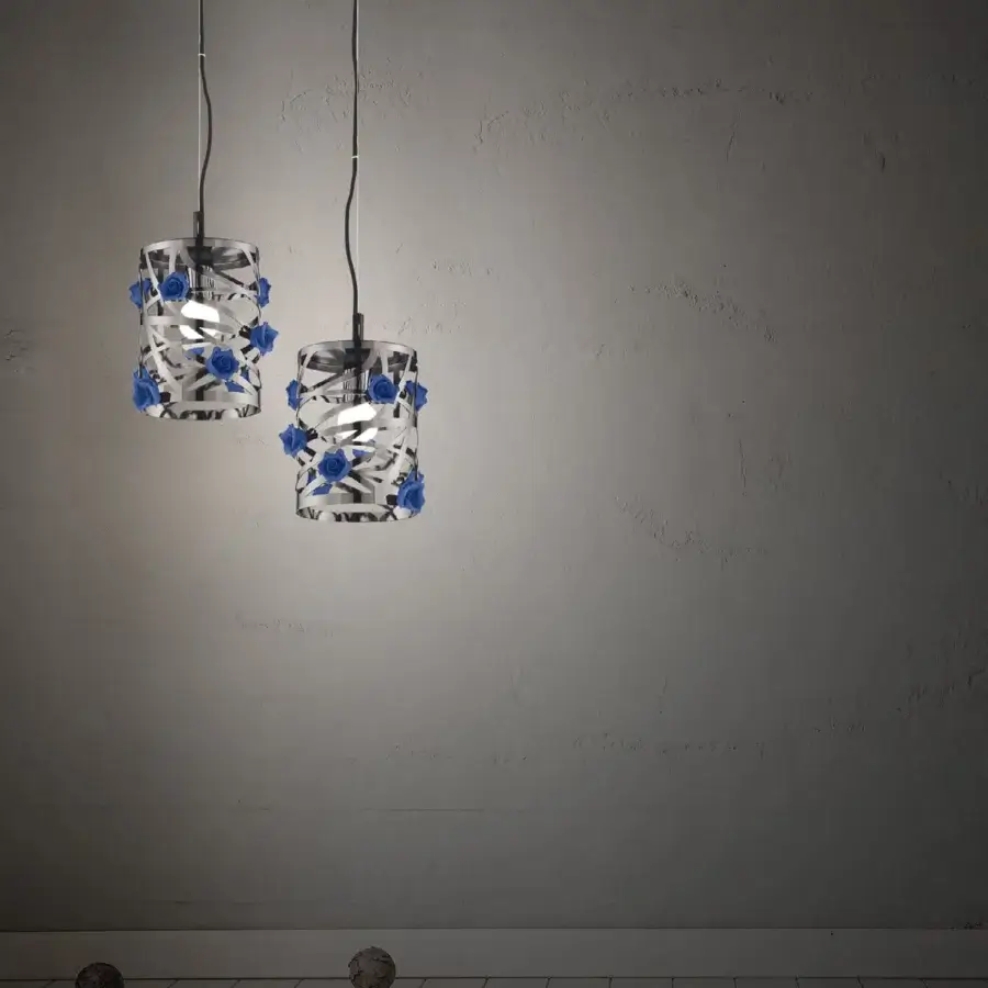 Elegant Euroluce Bora S1 suspension lamp crafted in porcelain with a silver spiral and vibrant blue decorations