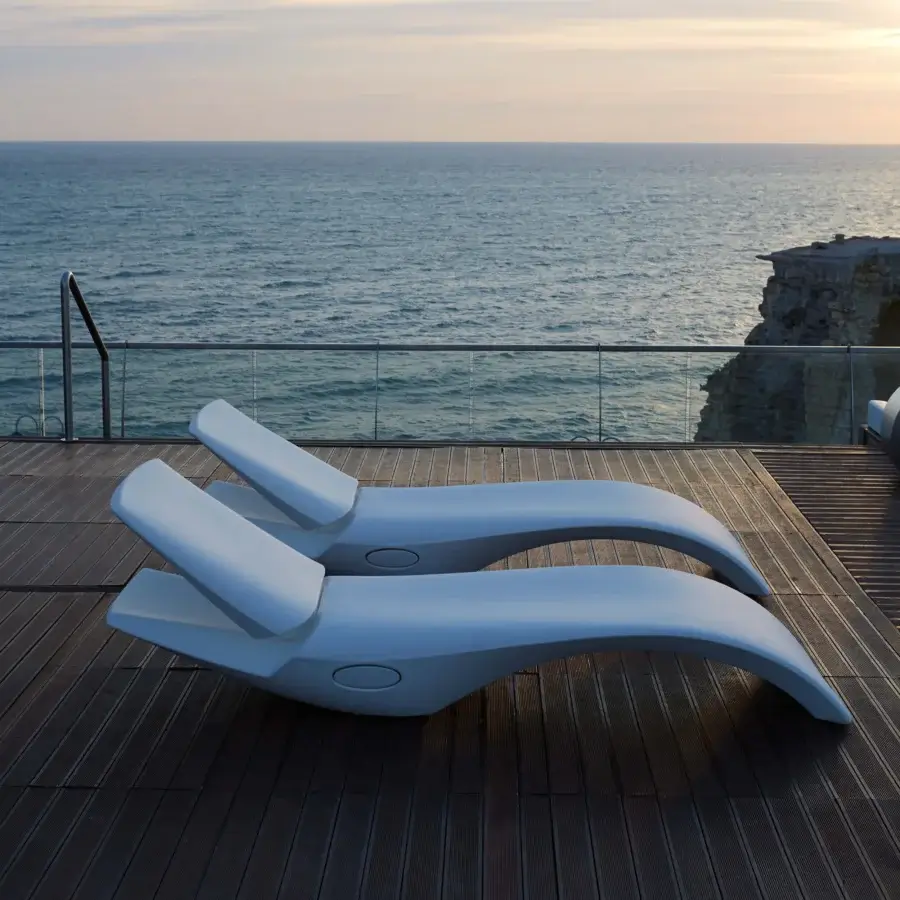 Innovative MY YOUR Zoe Lounger, a comfortable lounger built in white Poleasy® with a smooth matte finish and chromed metal details