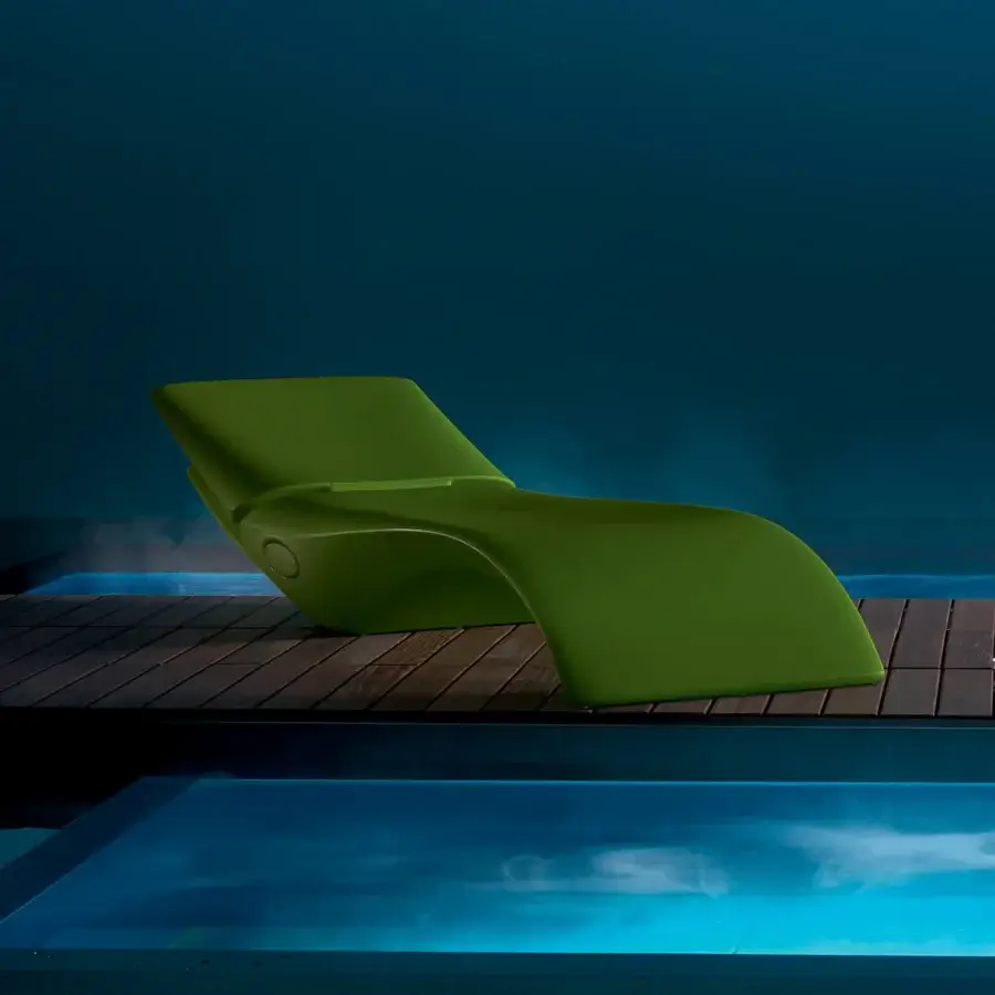 Distinguished MY YOUR Zoe Lounger, a contemporary lounger crafted in muted green Poleasy® plastic with fully chromed metal devices and smooth matte finish