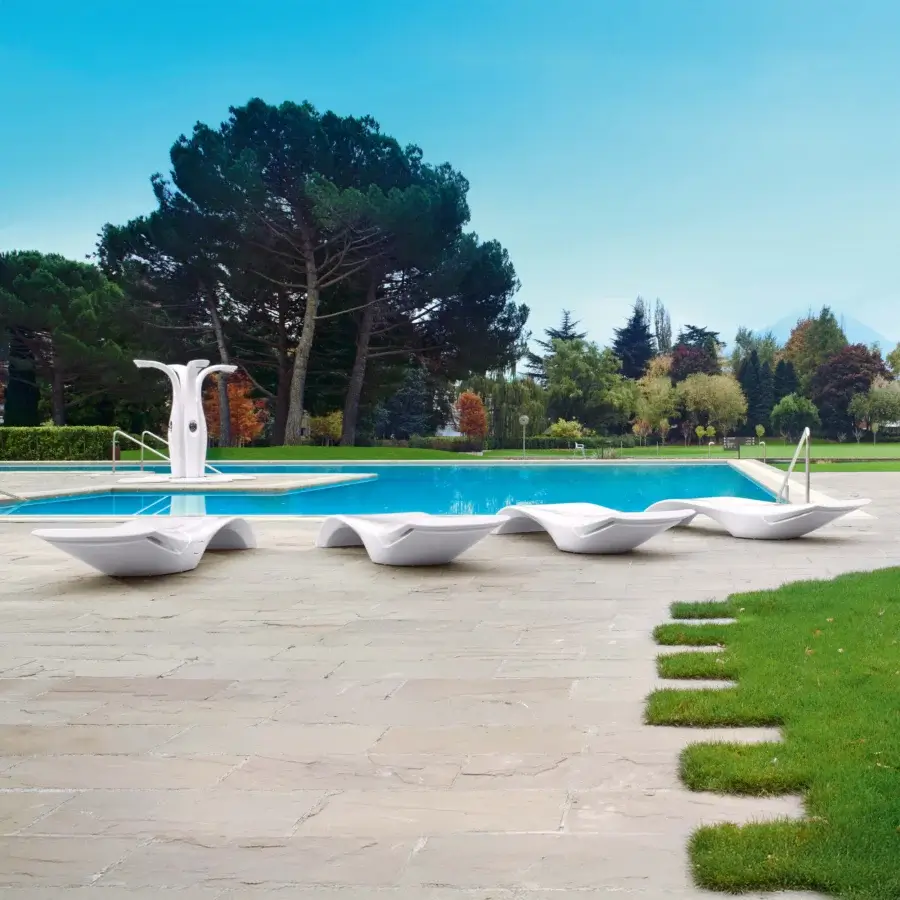 Distinguished MY YOUR Zoe Lounger, a white lounger crafted in Italy with durable Poleasy® and fully chromed metal components with a glossy finish