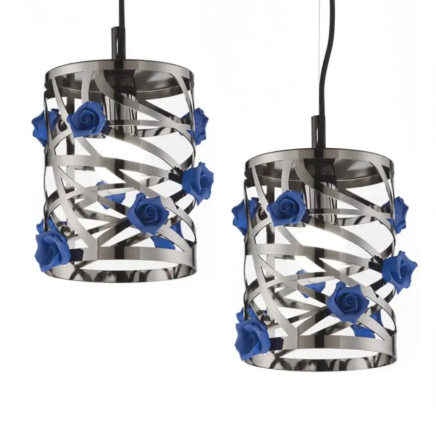 Exceptional Euroluce Bora S1 suspension lamp crafted with polished metallic components and delicate Capodimonte porcelain roses