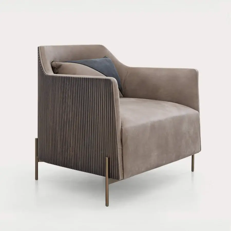 Sophisticated Shake Hege lounge chair crafted with curved ash-plywood and varnished steel legs, upholstered in textured taupe fabric with slate blue cushion