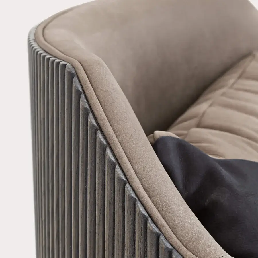 Distinguished Shake Hege lounge chair crafted with curved ash-plywood and sleek varnished steel legs in muted taupe textile