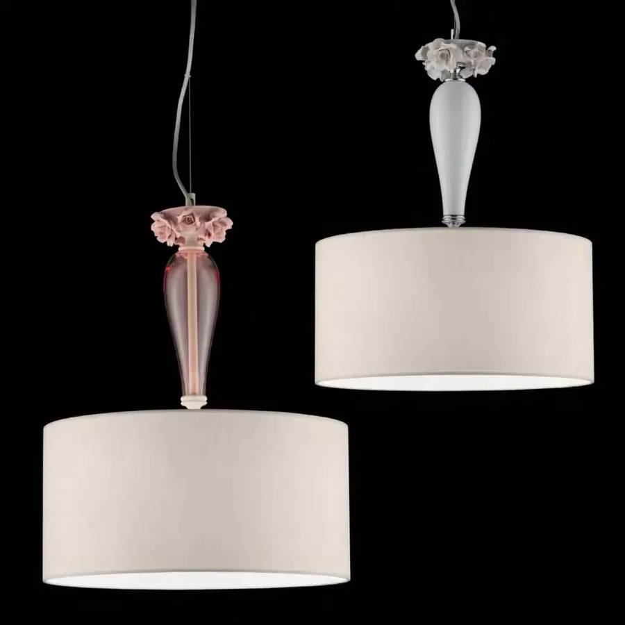 Refined Euroluce Bora S1 Shade suspension lamp in ivory wrinkled fabric and PVC with sculpted porcelain details