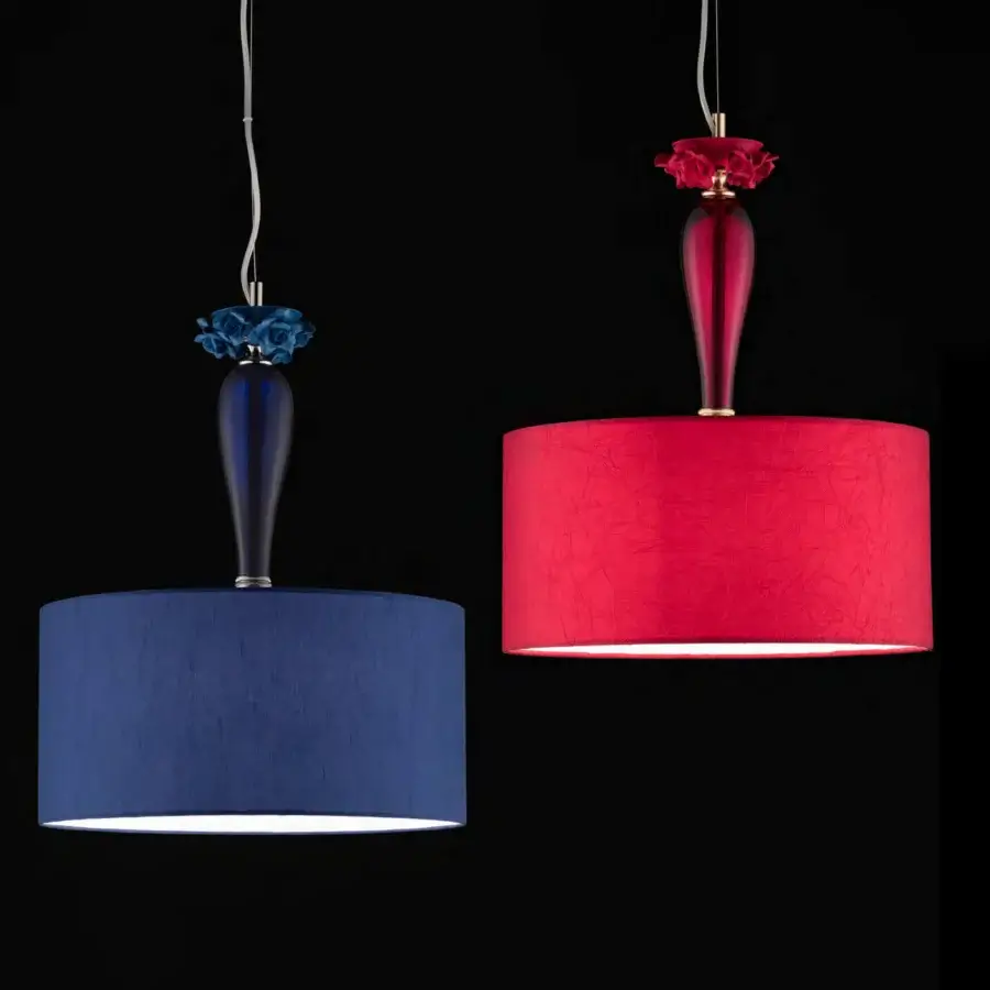 Distinguished Euroluce Bora S1 Shade suspension lamp with wrinkled red fabric and sculpted Capodimonte porcelain components
