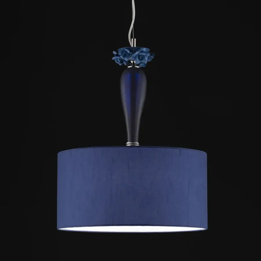 Exceptional Euroluce Bora S1 Shade suspension lamp in deep blue wrinkled fabric and PVC with Capodimonte porcelain components crafted in Italy