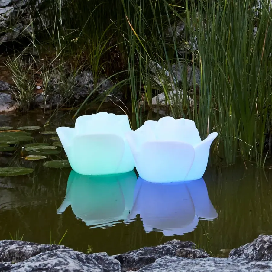Distinguished MY YOUR Baby Love Floating Pool Lamp lamp crafted with aluminum and translucent Poleasy® in a lotus flower design illuminated with blue and green light