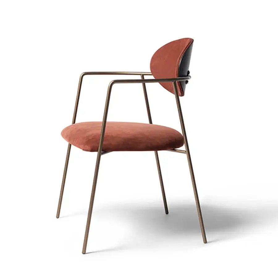Elegant Shake Eden armchair with terracotta acrylic fibre upholstery and varnished steel with curved ash-wood backrest