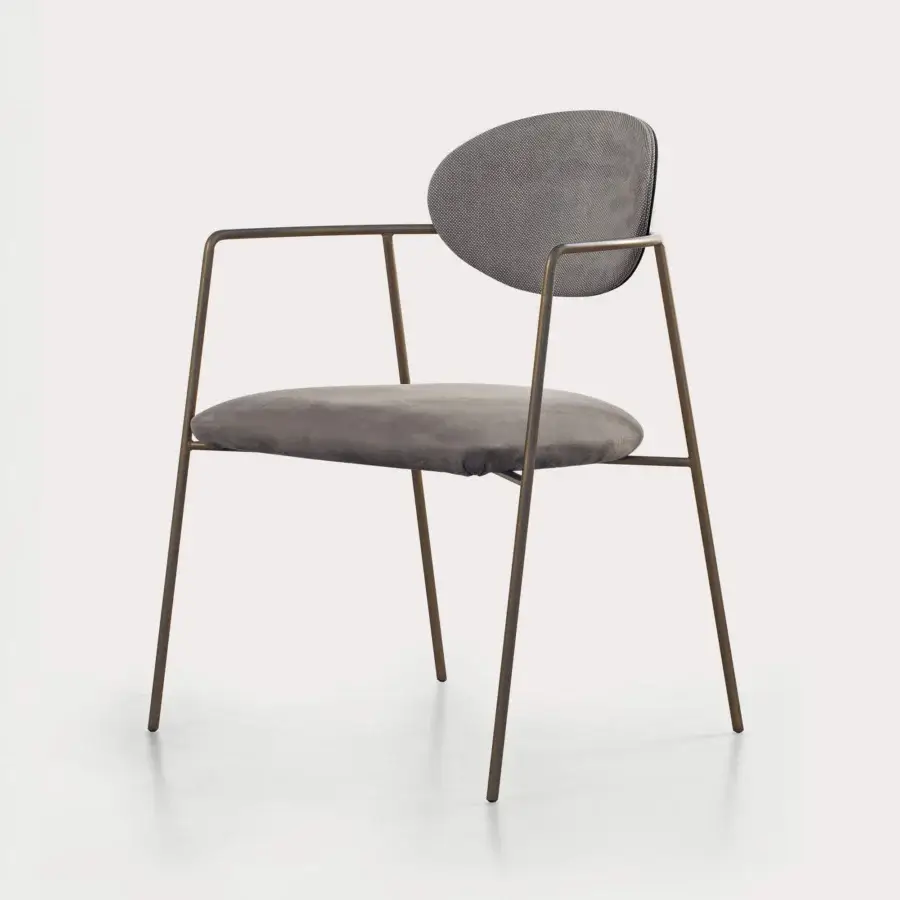 Sophisticated Shake Eden armchair with muted gray acrylic fibre upholstery and varnished steel structure