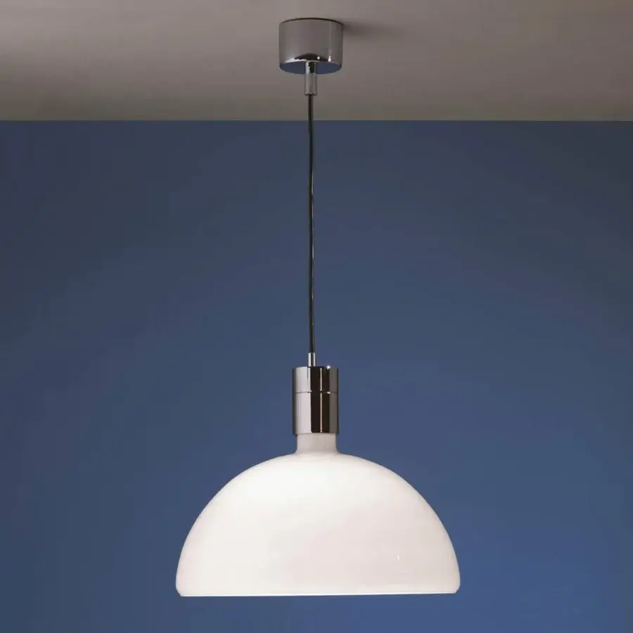 Distinguished Nemo Lighting AM4 suspension lamp with glossy white hand-blown glass and polished silver-toned metal construction
