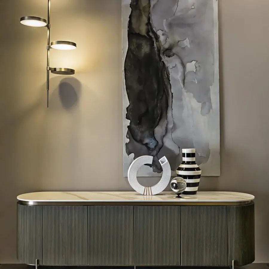 Exclusive Shake Hege sideboard crafted with a fluted solid ash block board and natural marble top in creamy beige with dark gray finish