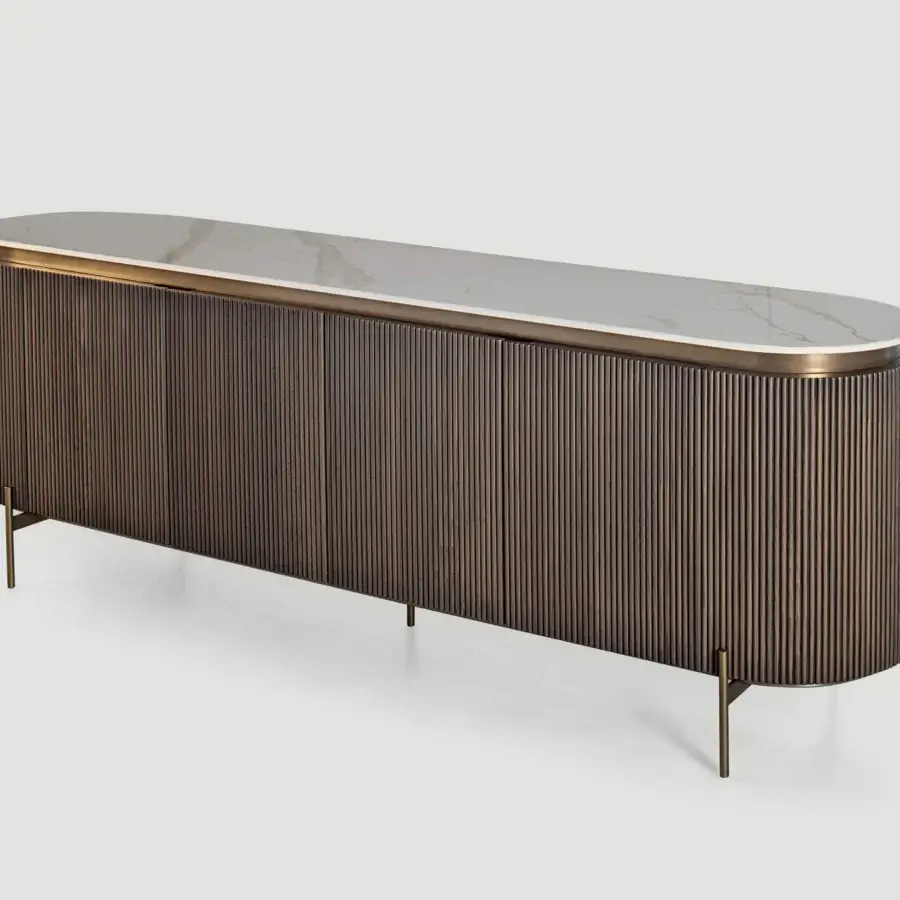 Distinguished Shake Hege sideboard crafted with vertically fluted solid ash block board, varnished steel legs, and a natural marble tabletop