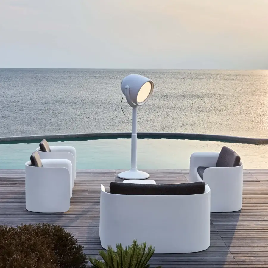 Superior MY YOUR Hollywood floor lamp built in white with glossy finish embodies modern minimalist design