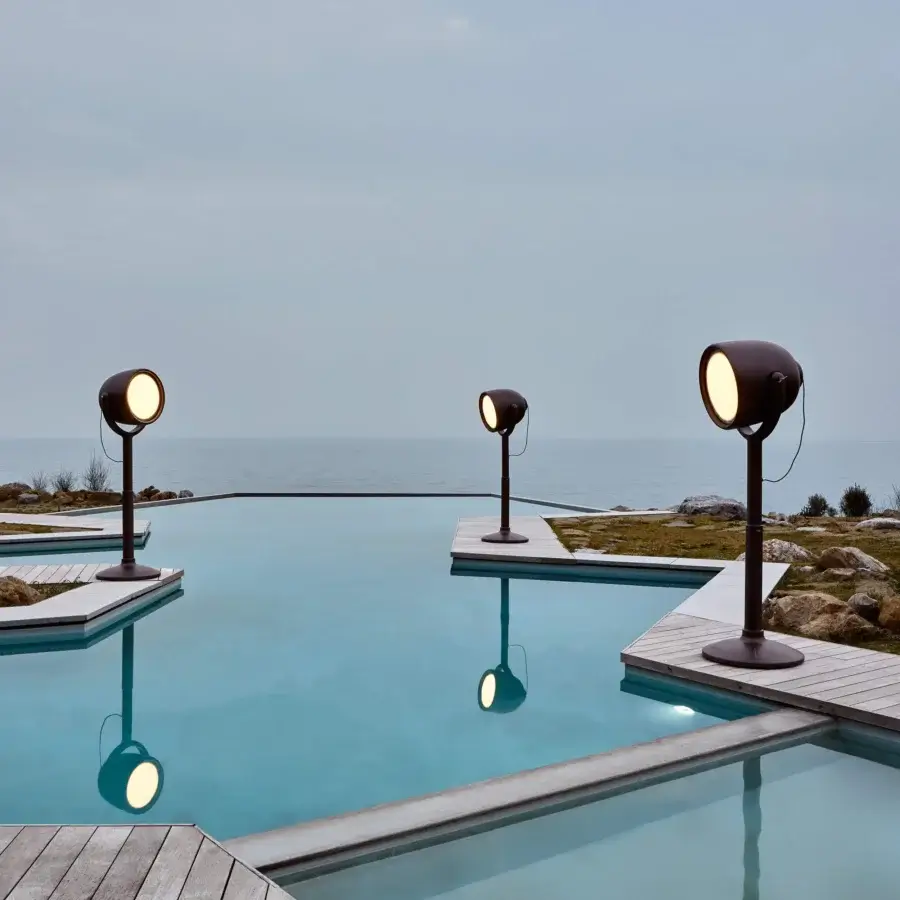 Captivating MY YOUR Hollywood floor lamp crafted in metal with a satin dark bronze finish and gently curved shades