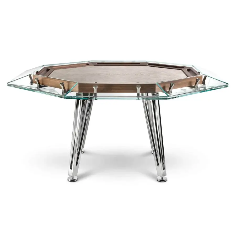 Distinguished Impatia Unootto poker table crafted with wood and clear glass, supported by chrome-finished metal with a satin finish