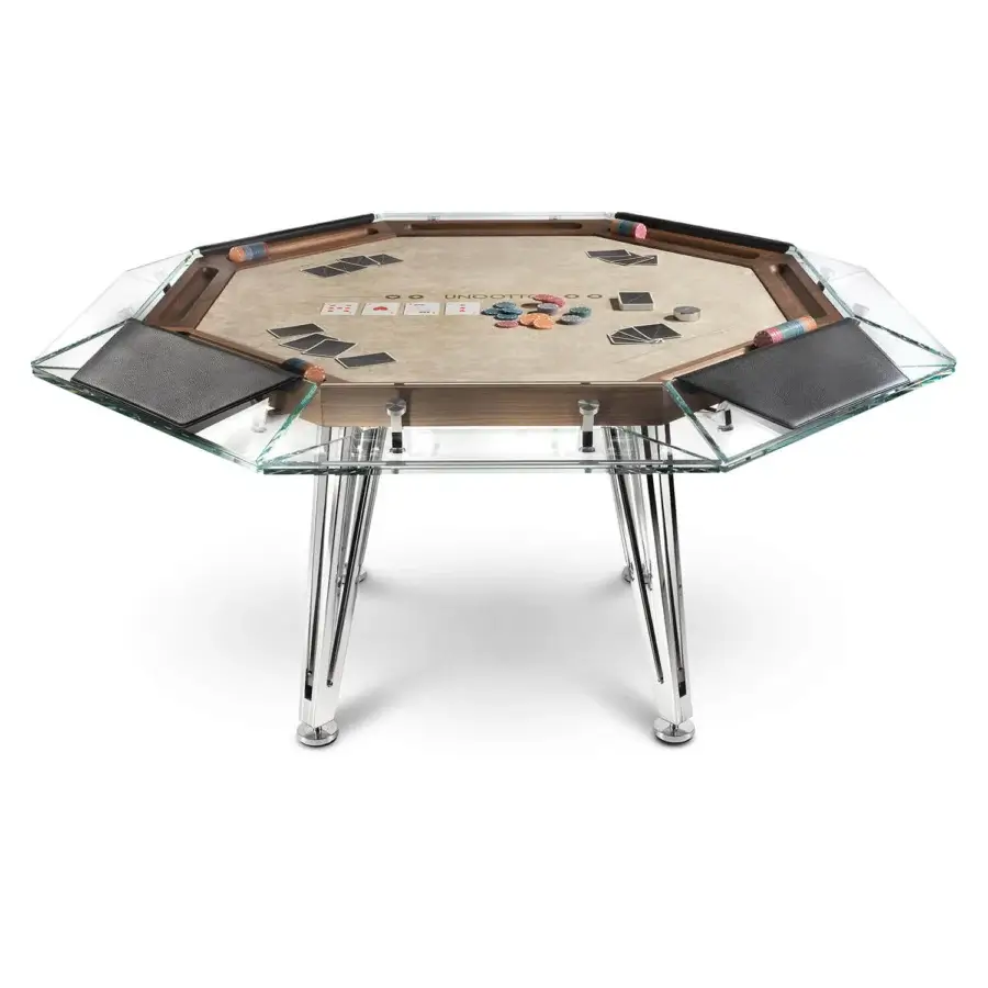 Superior Impatia Unootto poker table crafted in wood and Alcantara® with chrome-finished metal legs